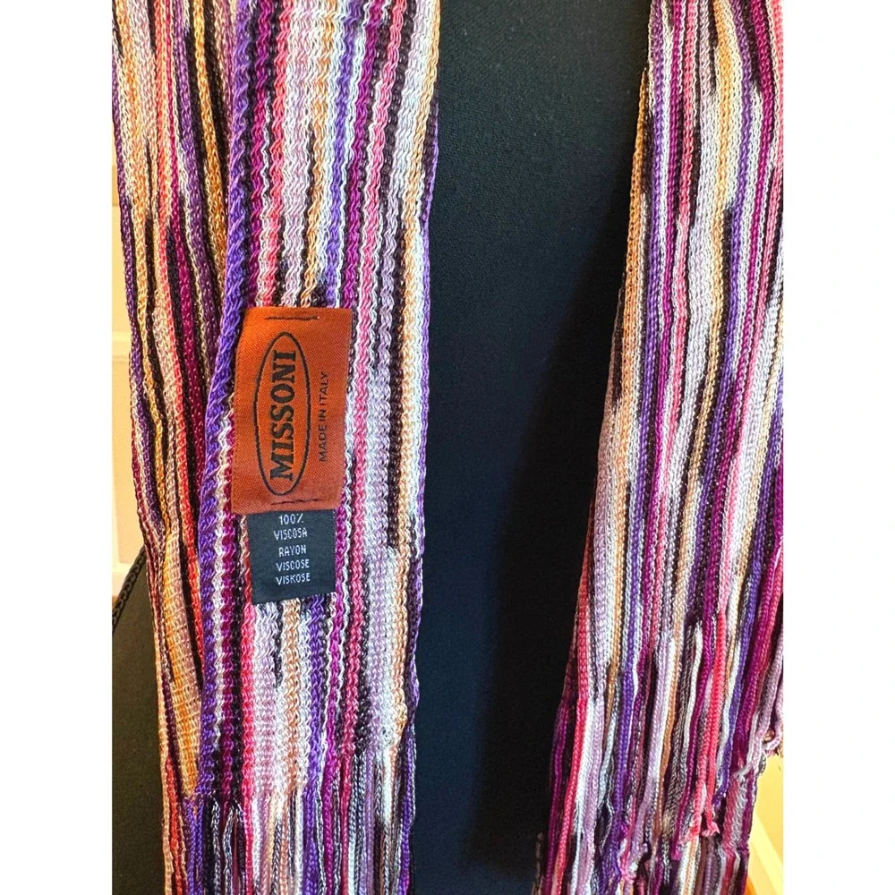 Missoni Brown Label Foulard Space Dye Stripe Fringe Scarf Purple Pink Italy 68